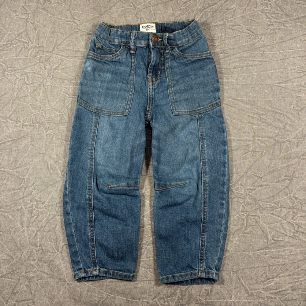 OshKosh Bgosh Boys Blue Denim Jeans Size 5 Adjustable Waist Patch Pocket Seamed